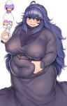  1girl @_@ ahoge alternate_body_size alternate_breast_size belly_grab blue_hair blush bottle breasts breasts_apart covered_navel covered_nipples dress fat hair_between_eyes hairband hex_maniac_(pokemon) highres huge_breasts long_dress long_hair long_sleeves looking_to_the_side milk_bottle moomoo_milk orizen parted_lips pokemon purple_eyes purple_hairband solo sweatdrop tareme thick_arms white_background 