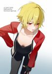  1girl absurdres bechu black_gloves black_pants black_shirt blonde_hair blush breasts cleavage fatal_fury fingerless_gloves genderswap genderswap_(mtf) gloves hair_between_eyes hand_on_own_hip highres jacket looking_to_the_side lower_teeth_only open_mouth pants red_eyes red_jacket rock_howard shirt short_hair sweat teeth 