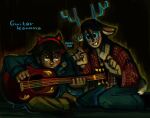 2025 anthro black_background blue_sclera brown_body deer deltarune dess_holiday duo female guitar hi_res horn human kris_(deltarune) male mammal miaogo musical_instrument new_world_deer plucked_string_instrument red_eyes reindeer simple_background sitting string_instrument text undertale_(series)