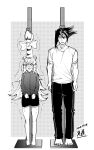  1boy 1girl animal_ears anton_ivanov arms_at_sides aruaruhizen117 barefoot blush bow cheating_(competitive) closed_mouth dated full_body gym_shorts headband height_conscious height_difference highres jacket ju_fufu long_hair long_sleeves long_tail looking_at_another measuring medium_hair multicolored_hair nose_blush open_mouth pants shirt short_sleeves shorts straight-on sweat tail tail_bow tail_ornament tiger_ears tiger_girl tiger_tail tiptoes toes track_pants trembling v-shaped_eyebrows very_long_hair zenless_zone_zero 
