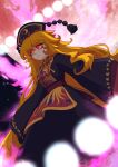  1girl ay606078 black_dress black_hat blonde_hair breasts chinese_commentary closed_mouth commentary crescent_print dalachi_(headdress) danmaku dress energy energy_tail full_moon glowing glowing_eyes hat highres junko_(touhou) long_hair long_sleeves moon multiple_tails neck_ribbon phoenix_print red_eyes red_moon red_tabard ribbon solo tabard tail touhou very_long_hair wide_sleeves yellow_ribbon 