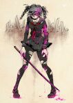  1girl black_pantyhose black_shirt blood blood_in_hair blood_on_clothes blood_on_face blood_on_ground blood_on_shoes blood_on_weapon braid breasts commentary_request danganronpa_(series) danganronpa_2:_goodbye_despair eyelashes full_body grey_hair grey_sailor_collar grey_shoes grey_skirt holding holding_sword holding_weapon injury kitakata0407 long_hair long_sleeves neckerchief no_eyewear one_eye_closed open_mouth pantyhose pekoyama_peko pink_blood red_eyes red_neckerchief sailor_collar school_uniform serafuku shirt shoes skirt solo standing sword torn_clothes torn_neckerchief torn_pantyhose torn_shirt twin_braids twintails weapon 