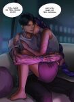  1boy 1girl artist_name bare_shoulders barefoot black_hair black_pants blurry blurry_background body_markings bracelet braid couch couple dark_room demon_boy demon_girl ear_piercing english_commentary english_text from_side glowing grey_tank_top hetero highres indoors jewelry jinu_(kpop_demon_hunters) kiss kissing_neck kpop_demon_hunters leaning_on_person long_braid looking_down looking_to_the_side muscular muscular_male on_couch pants parted_bangs parted_lips piercing purple_hair rumi_(kpop_demon_hunters) shade shirt short_hair short_sleeves shorts single_braid sitting sitting_on_person sleeveless speech_bubble tan tank_top translated twitter_username wavy_hair white_shirt yuana 