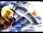  ahoge armor artoria_pendragon_(all) blonde_hair dress fate/stay_night fate_(series) green_eyes highres saber short_hair solo teeth umakatsuhai 