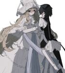  2girls a_umanee black_hair blonde_hair dress eyepatch face-to-face green_eyes highres long_hair magical_girl mahou_shoujo_madoka_magica mahou_shoujo_oriko_magica medium_hair multiple_girls orange_eyes very_long_hair white_background white_dress 