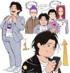  1boy 3girls 990shitpost alternate_costume black_hair bobby_(kpop_demon_hunters) braid brown_eyes brown_hoodie business_suit cellphone clenched_teeth closed_mouth collared_jacket cropped_jacket double_bun grey_jacket grey_pants grey_suit hair_bun hair_up happy hashtag-only_commentary highres holding holding_phone hood hood_down hoodie jacket jewelry korean_text kpop_demon_hunters light_blush long_braid long_sleeves looking_at_object looking_at_viewer looking_down looking_to_the_side mira_(kpop_demon_hunters) multiple_girls necklace nervous nervous_sweating official_alternate_costume open_clothes open_jacket open_mouth pants parted_bangs parted_lips phone purple_hair red_hair rumi_(kpop_demon_hunters) shirt shoes short_hair short_sleeves simple_background single_braid smartphone smug speech_bubble standing suit suit_jacket surprised sweat tan teeth thought_bubble translation_request twintails upper_body wavy_hair white_background white_shirt white_shoes wide-eyed zoey_(kpop_demon_hunters) 