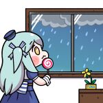 1girl :3 alterkero aqua_hair blush_stickers candy canned_tuna chibi cloud cloudy_sky dress flower food hat highres last_origin lollipop lrl_(last_origin) rain ribbon sailor_dress sailor_hat sky solo swirl_lollipop two_side_up window wrist_cuffs yellow_eyes 
