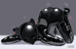  1girl all_fours animal_ears bitchsuit bodysuit butt_plug fake_animal_ears full_body gimp_mask grey_background highres human_dog inflatable_buttplug latex latex_bodysuit looking_at_viewer maguro27 mask original pet_play pussy_juice sex_toy shiny_clothes skin_tight solo toe_scrunch trembling variant_set 