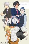  6+boys absurdres animal_print antenna_hair arm_behind_head beard belt belt_buckle bicine_(precure) black_belt black_pants black_shoes blazer blonde_hair blue_eyes blue_hair blue_jacket blue_shirt breast_pocket brown_belt buckle business_suit buttons charaleet_(precure) crossed_arms daigan_(precure) doctor_traum dress_pants dress_shirt dress_shoes expressionless facial_hair fat forehead genderswap george_kurai glasses green_necktie grey_background grey_pants grey_shirt grey_vest gyaruo hair_between_eyes handkerchief hands_on_own_hips highres holding holding_jacket holding_unworn_clothes hugtto!_precure jacket jinjin_(precure) konsuke0 leopard_print lister_(precure) long_hair long_sleeves looking_at_viewer loose_hair_strand low_ponytail male_focus multiple_boys necktie one_eye_closed open_clothes open_jacket open_mouth orange_jacket orange_pants own_hands_together pants parted_lips pocket ponytail precure purple_hair purple_necktie red_eyes red_necktie request_inset shirt shoes short_hair sidelocks simple_background smile squatting suit suspenders takumi_(precure) tan teeth twitter_username unworn_jacket vest white_hair white_shirt wrinkled_skin yellow_necktie 