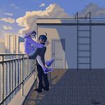  2boys against_railing ahoge alternate_costume arms_around_neck artist_name black_hair black_pants blue_sky blush brown_eyes building casual cloud converse danganronpa_(series) danganronpa_v3:_killing_harmony evening flipped_hair from_side hair_between_eyes happy hashtag-only_commentary highres jacket ladder long_sleeves male_focus medium_hair multiple_boys oma_kokichi on_rooftop open_mouth outdoors pants profile purple_eyes purple_hair purple_sweater railing rooftop saihara_shuichi scenery shoes short_hair shorts signature sky skyscraper smile sneakers standing sweater tehca white_shorts yaoi 
