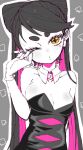  1girl black_hair bow-shaped_hair breasts callie_(splatoon) callie_(squid_sisters_outfit)_(splatoon) cleavage colored_inner_hair commentary_request detached_collar dress eyelashes gloves grey_background highres humanization large_breasts limited_palette long_hair mole mole_under_eye mugyiiiii_ika multicolored_hair one_eye_closed outline pink_hair solo splatoon_(series) standing strapless strapless_dress two-tone_hair white_gloves white_outline yellow_eyes 
