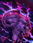 aggressive angry anthro arm_wrapping arm_wraps bodily_fluids canid canine canis cheek_tuft cloak clothing creepy_face death_(puss_in_boots) detailed dreamworks ears_back facial_markings facial_tuft fangs fire fire_background fluffy fuzzy head_markings hi_res holding_object holding_weapon leonilakot2024 light lighting male mammal markings mask_(marking) neck_tuft open_mouth pivoted_ears poncho portrait pupils puss_in_boots_(franchise) red_eyes saliva scary shaded showing_teeth sickle snarling solo teeth tongue tuft watermark weapon whisker_spots white_pupils wolf wrapped_arms wraps
