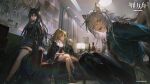  4girls alcohol animal_ears arknights asymmetrical_footwear belt black_choker black_hair black_jacket black_shirt black_shoes blonde_hair blue_eyes blue_jacket boots bottle bulletin_board ceiling_light chinese_commentary choker commentary_request copyright_logo copyright_notice couch cropped_jacket curtains dagda_(arknights) denim fur-trimmed_jacket fur-trimmed_shorts fur_trim glass green_shirt highres indra_(arknights) jacket jeans lamp leaning_on_object long_hair medium_hair morgan_(arknights) multiple_girls official_art open_mouth pants red_shorts scar scar_on_face shirt shoes shorts siege_(arknights) sitting studded_choker white_hair white_shirt yellow_eyes 