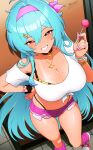  1girl aqua_hair bead_bracelet beads black_choker bra bra_peek bracelet breasts bright_pupils candy choker cleavage commentary crop_top cutoffs double-parted_bangs english_commentary exposed_pocket food front-tie_top genie grin gyaru hair_ornament hairband hairclip half-closed_eyes hand_on_own_hip highleg highleg_panties holding holding_candy holding_food holding_lollipop jewelry large_breasts leg_warmers legs lollipop long_hair looking_at_viewer midriff mole mole_on_breast mole_on_thigh mole_under_eye nail_polish navel necklace original panties panties_under_shorts pendant_choker pink_hairband pink_leg_warmers pink_nails pink_shorts print_bra red_eyes revenantart ring scrunchie shirt shoes short_shorts shorts single_off_shoulder smile sneakers solo tan tanlines thighs underwear very_long_hair white_pupils white_shirt wrist_scrunchie wrist_straps zadi_(revenantart) 
