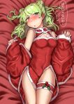  absurdres bare_shoulders bed_sheet blush breasts cleavage detached_sleeves double_bun dress embarrassed fur_trim green_eyes green_hair hair_bun highres holly lying medium_breasts medium_hair morinaka_kazaki nijisanji on_back santa_costume santa_dress side_slit sweat talking thigh_strap thighs tsuukon_(tukonn) virtual_youtuber 
