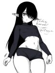  1girl asymmetrical_bangs breasts commentary crop_top english_commentary english_text eyelashes graphicthereal greyscale hair_over_one_eye highres long_hair midriff mole mole_on_stomach monochrome navel original parted_bangs pointy_ears short_shorts shorts signature small_breasts solo speech_bubble standing thighs 