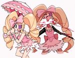  1girl absurdres blonde_hair blood blue_eyes closed_eyes decapitation dress drill_hair frilled_umbrella frills happy harime_nui heart highres holding holding_umbrella kill_la_kill laughing lolita_fashion long_hair open_mouth pink_dress twin_drills umbrella white_background z_zmag8 
