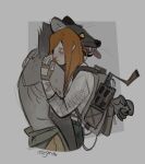 anthro backpack duo female hi_res hug human hyena infezmite male male/female mammal shirtless_male spotted_hyena surprised_expression teeth tongue tongue_out worried_face