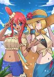  2girls absurdres backsine bikini bikini_under_clothes bikini_under_shorts blonde_hair blue_bikini blue_eyes blue_sarong blue_shorts blush breasts brown_hat closed_mouth collarbone crop_top cynthia_(pokemon) cynthia_(summer_2025)_(pokemon) denim denim_shorts flower flower_hat grey_eyes hair_ornament hair_over_one_eye hat hat_flower highres long_hair looking_at_viewer midriff multiple_girls navel off-shoulder_shirt off_shoulder official_alternate_costume one_side_up open_mouth outdoors pokemon pokemon_masters_ex red_hair sarong shirt shorts sidelocks sky skyla_(pokemon) skyla_(summer_2025)_(pokemon) smile straw_hat sun_hat swimsuit tied_shirt very_long_hair 
