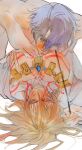  2boys blonde_hair blue_eyes blue_gemstone blush body_markings gem grey_hair hand_on_another&#039;s_chest highres holding holding_leash honkai:_star_rail honkai_(series) jewelry leash leash_pull licking licking_another&#039;s_chest lying male_focus multiple_boys mydei_(honkai:_star_rail) necklace nipples nude on_back open_clothes open_shirt oy38684 parted_bangs pectorals phainon_(honkai:_star_rail) shirt tongue tongue_out white_background white_shirt yaoi 