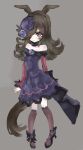  1girl animal_ears blue_flower blue_rose brown_hair dlanor_973 dress fascinator flower grey_background hair_over_one_eye hat hat_flower highres horse_ears horse_girl horse_tail long_hair mini_hat off-shoulder_dress off_shoulder purple_eyes purple_shirt rice_shower_(umamusume) rose shirt solo tail umamusume 