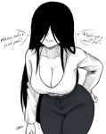  1girl breasts cleavage collarbone commentary covered_eyes english_commentary english_text ghost_girl graphicthereal greyscale hair_over_eyes hand_on_own_hip high-waist_pants large_breasts leaning_forward long_hair messy_hair monochrome pants signature simple_background smile solo speech_bubble the_ring white_background yamamura_sadako 