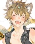  1boy animal_ears bare_shoulders black_vest blonde_hair blush closed_eyes commentary_request fangs hyena_boy hyena_ears korean_commentary kuzuvine lapels leather leather_vest male_focus notched_lapels open_mouth parted_bangs ruggie_bucchi shiny_skin short_hair sketch solo teeth tongue twisted_wonderland unfinished unzipped upper_body vest white_background zipper 