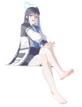 1girl :d absurdres aqua_halo aris_(blue_archive) barefoot black_hair black_jacket black_skirt blue_archive blue_eyes blue_necktie caat106 collared_shirt crossed_legs dress_shirt full_body halo highres jacket legs long_hair long_sleeves looking_at_viewer miniskirt necktie open_clothes open_jacket open_mouth pleated_skirt puffy_long_sleeves puffy_sleeves shirt side_ponytail simple_background sitting skirt smile soles solo toes very_long_hair white_background white_jacket white_shirt 
