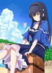  1girl black_camisole black_choker black_hair black_hairband black_skirt blue_butterfly blue_capelet blue_sky blush bone_hair_ornament breasts bug butterfly camisole capelet choker cleavage closed_mouth cloud collarbone commentary_request cumulonimbus_cloud day english_text feet_out_of_frame frilled_capelet frilled_choker frills glowing_butterfly hair_between_eyes hair_ornament hairband happy highres knees_together_feet_apart kushima_kamome large_breasts long_hair looking_at_animal medium_skirt ocean on_suitcase outdoors poteto_furai ringed_eyes rolling_suitcase shore sidelocks sitting skirt skull_and_crossbones skull_hair_ornament sky smile solo split_mouth straight_hair suitcase summer_pockets very_long_hair yellow_eyes 