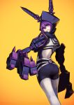  1girl animal_hood ass back black_hoodie black_rock_shooter black_rock_shooter_(game) crossed_belts highres hood hoodie kote_(tures) mechanical_arms nafhe pink_eyes pink_hair rabbit_hood solo tongue tongue_out yellow_background 
