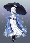  1girl absurdly_long_hair belt black_belt black_shoes black_umbrella blue_archive blue_haori blue_necktie buttons closed_mouth collared_shirt colored_eyelashes commentary_request deca_purio full_body grey_background grey_eyes hair_over_shoulder hand_up haori haori_on_shoulders highres holding holding_umbrella jacket japanese_clothes long_hair long_skirt long_sleeves looking_at_viewer nagusa_(blue_archive) necktie parted_bangs pleated_skirt shirt shoes simple_background skirt snowflakes solo standing straight_hair tsurime umbrella under_umbrella very_long_hair white_eyelashes white_hair white_jacket white_shirt white_skirt 