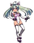  1girl ahoge amakubo_yuri black_gloves boots breasts covered_navel detached_sleeves elbow_gloves exs-tia_flora full_body gloves green_hair hand_on_own_hip highres kouyoku_senki_exs-tia leotard long_hair looking_at_viewer magonzuhamiti no_pants purple_eyes small_breasts smile solo standing thigh_boots thighhighs transparent_background twintails variant_set white_leotard white_thighhighs 