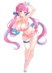  1girl bare_shoulders bikini blue_bow blue_hair blue_nails blue_scrunchie blush bow braid breasts closed_mouth collarbone colored_inner_hair curly_hair fingernails frilled_bikini frills front-tie_bikini_top front-tie_top full_body hair_bow hashtag-only_commentary hololive huge_breasts leaning_to_the_side long_hair minato_aqua multicolored_hair nail_polish navel nikoo pink_bikini pink_eyes pink_hair sandals scrunchie side-tie_bikini_bottom simple_background smile solo stomach streaked_hair swimsuit thigh_strap thighs twintails two-tone_hair virtual_youtuber white_background white_sandals wrist_scrunchie 