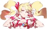  1girl artist_name blonde_hair bow choker closed_mouth clover clover_brooch collarbone commentary_request cure_peach earrings eyelashes floating_hair four-leaf_clover fresh_precure! frilled_shirt frilled_sleeves frills hair_ornament half-closed_eyes hands_on_own_head heart heart_earrings heart_hair_ornament jewelry long_hair looking_at_viewer magical_girl momozono_love pink_bow pink_choker pink_eyes precure puffy_short_sleeves puffy_sleeves ribbon-trimmed_shirt ribbon_trim shirt short_sleeves simple_background smirk solo square_neckline stud_earrings sukehige twintails upper_body watermark wavy_hair white_background white_shirt wrist_bow wristband 