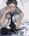  1boy 2025 black_boots black_necktie boots closed_mouth glasses grey_shirt highres male_focus necktie original outdoors puddle purple_petals rain rei_h6 shirt solo squatting umbrella 