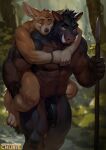 2025 anthro balls canid canine carrying_another chunie detailed_background digital_media_(artwork) digital_painting_(artwork) duo fennec_fox forest fox genitals hi_res humanoid_genitalia humanoid_penis jungle male mammal muscular muscular_male nude painting_(artwork) penis piggyback plant suid suine sus_(pig) tree true_fox wild_boar