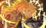  2boys alternate_form arm_tattoo armlet bare_pectorals black_coat black_shirt blonde_hair braid chest_tattoo chinese_commentary closed_eyes coat commentary_request cracked_skin ducksaisai facial_tattoo gold_necklace gradient_hair hair_between_eyes halo halo_behind_head highres holding_hands honkai:_star_rail honkai_(series) imminent_kiss infinity_symbol interlocked_fingers jewelry male_focus material_growth medium_hair multicolored_hair multiple_boys mydei_(honkai:_star_rail) necklace open_clothes open_coat pectorals phainon_(honkai:_star_rail) red_hair red_tattoo shirt short_hair side_braid tattoo torn_clothes torn_shirt yaoi yellow_blood yellow_eyes 