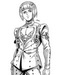  1boy bruno_bucciarati closed_mouth commentary english_commentary eyelashes graphicthereal greyscale jojo_no_kimyou_na_bouken looking_at_viewer male_focus monochrome pants pectoral_cleavage pectorals shirt short_hair signature simple_background solo standing v-shaped_eyebrows vento_aureo white_background 