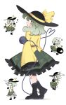  1girl absurdres ay606078 black_boots black_hat boots buttons closed_eyes collared_shirt commentary_request diamond_button eyeball floral_print frilled_skirt frilled_sleeves frills green_eyes green_hair green_skirt hat hat_ribbon heart heart_of_string highres komeiji_koishi long_sleeves looking_at_viewer looking_back multiple_views musical_note one_eye_closed open_mouth print_skirt ribbon rose_print shirt skirt smile third_eye touhou wide_sleeves yellow_ribbon yellow_shirt 