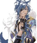  1boy animal_ear_fluff animal_ears arm_up black_gloves blue_eyes blue_hair commentary dark-skinned_male dark_skin dog_boy dog_ears dog_tail earrings eyelashes eyepatch fang fingerless_gloves fingernails genshin_impact glove_cutout gloves grin jacket jewelry kaeya_(genshin_impact) long_hair looking_at_viewer male_focus one_eye_covered parted_bangs piercing simple_background smile solo tail teeth ui_(gnu_isn) upper_body white_background white_fur 