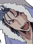  1boy blue_hair blue_hood cu_chulainn_(caster)_(fate) cu_chulainn_(fate) dutch_angle fangs fate/grand_order fate_(series) fur-trimmed_hood fur_trim hood hood_up jooojooo_oo looking_to_the_side male_focus open_mouth red_eyes sideways_glance solo tearing_up teeth tongue white_background white_fur 