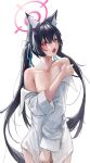  1girl :o absurdres animal_ears bare_shoulders black_hair blue_archive blue_ribbon blush cat_ears cat_girl collarbone collared_shirt commentary covering_breasts covering_crotch covering_privates cowboy_shot crossed_bangs dress_shirt embarrassed extra_ears eyelashes fang floating_hair frown fujiwara_haru_(nekonote) hair_between_eyes hair_intakes hair_ribbon halo highres long_hair long_sleeves looking_at_viewer naked_shirt open_mouth oversized_clothes oversized_shirt pink_halo pink_pupils red_eyes ribbon serika_(blue_archive) shirt sidelocks simple_background skin_fang slit_pupils solo tsurime twintails very_long_hair white_background white_shirt wide_sleeves 