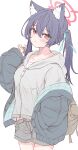  1girl absurdres alternate_costume animal_ear_fluff animal_ears black_hair black_jacket blue_archive blue_ribbon blush bright_pupils casual cat_ears cat_girl closed_mouth cowboy_shot eyelashes grey_background grey_hoodie grey_shorts hair_between_eyes hair_ribbon halo hand_in_pocket hand_up highres hood hood_down hoodie jacket kazuki-p555 long_hair looking_at_viewer open_clothes open_jacket pink_halo red_eyes ribbon serika_(blue_archive) shorts simple_background slit_pupils solo twintails white_pupils zipper 