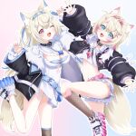  2girls 4kimizuki :3 absurdres animal_ear_fluff animal_ears arms_up bandaid bandaid_hair_ornament belt black_jacket black_socks black_thighhighs blonde_hair blue_eyes breasts claw_pose cleavage collar dog_ears dog_girl dog_tail dress fang fur_collar fuwawa_abyssgard hair_ornament hairband hairclip headphones headphones_around_neck highres hololive hololive_english jacket kneehighs large_breasts leg_up long_hair midriff mococo_abyssgard multiple_girls nail_polish navel one_eye_closed open_mouth outstretched_arms panties panty_peek red_eyes shirt shoes short_dress short_hair short_shorts shorts siblings single_thighhigh sisters smile socks standing standing_on_one_leg stomach striped_clothes striped_panties tail thighhighs thighs twins underwear upshorts virtual_youtuber white_dress white_shirt white_shoes white_shorts 