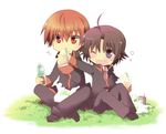  ahoge bag blush bottle brown_eyes brown_hair chibi drink eating flustered food grass juice_box little_busters! looking_at_another multiple_boys naoe_riki natsume_kyousuke necktie one_eye_closed open_mouth outdoors red_eyes red_hair sandwich school_uniform shopping_bag sitting surprised sweatdrop 