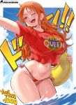  1girl absurdres bikini blue_sky blush breasts cameltoe clothes_writing cloud collarbone commentary contrapposto day earrings english_commentary english_text highres holding holding_swim_ring jewelry large_breasts lewdamone long_hair looking_to_the_side nami_(one_piece) navel one_eye_closed one_piece open_mouth orange_hair outdoors outstretched_arm patreon_logo patreon_username red_shirt shirt side-tie_bikini_bottom sky smile solo swim_ring swimsuit teeth thighs upper_teeth_only wading water wet 