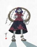  1girl ay606078 black_skirt breasts brown_sandals closed_mouth full_body geta hair_ornament hand_on_own_hip highres layered_sleeves leaf leaf_hair_ornament long_sleeves looking_at_viewer maple_leaf mirror purple_hair red_eyes red_shirt red_skirt rope sandals shadow shimenawa shirt short_over_long_sleeves short_sleeves signature skirt solo toes touhou two-tone_skirt yasaka_kanako 