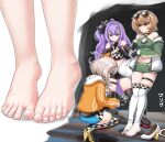  3girls alternate_costume barefoot blonde_hair blue_eyes blue_shorts breasts brown_hair clio_aite eepy_sleepy efreezerarts feet foot_focus green_jacket green_shorts highres holding holding_phone hood hoodie jacket long_hair marimari_(vtuber) multiple_girls navel orange_hoodie over-kneehighs phase_connect phone purple_eyes purple_hair shoes short_hair shorts skindentation small_breasts taking_picture thigh_strap thighhighs toenails toes unworn_shoes very_long_hair virtual_youtuber yellow_eyes 