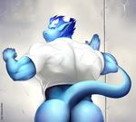  2012 against_wall back biceps big_butt blue_hair blue_scales bottomless bubble_butt butt canon15 cetus clothing dragon hair half-closed_eyes horn leaning leaning_forward looking_at_viewer looking_back male muscles scalie shirt solo vein 
