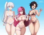  3girls alternate_costume arm_at_side artist_name ass_visible_through_thighs bare_arms bare_shoulders bikini black_bikini black_choker black_hair blue_background blue_eyes bracelet breasts breasts_apart brown_eyes brown_hair choker cleavage collarbone colored_tips commentary cowboy_shot cslucaris curvy double-parted_bangs english_commentary front-tie_bikini_top front-tie_top gradient_background gradient_hair grey_eyes grin groin hand_up hands_up heterochromia high_side_ponytail highres jewelry large_breasts light_blush linea_alba long_hair looking_at_viewer lowleg lowleg_bikini medium_breasts multi-strapped_bikini_bottom multicolored_bikini multicolored_hair multiple_girls navel neapolitan_palette neopolitan_(rwby) o-ring o-ring_bikini o-ring_bikini_bottom o-ring_top one_eye_closed open_hands open_mouth parted_bangs patreon_username pear-shaped_figure pink_bikini pink_eyes pink_hair ponytail red_hair ruby_rose rwby scar scar_across_eye scar_on_face scar_on_stomach short_hair side-by-side side-tie_bikini_bottom side_ponytail sideboob single_sidelock smile split-color_hair standing stomach straight-on strap_pull string_bikini swimsuit teeth thick_thighs thigh_gap thigh_strap thighs two-tone_bikini two-tone_hair underboob upper_teeth_only very_long_hair waving weiss_schnee white_bikini white_hair wide_hips 